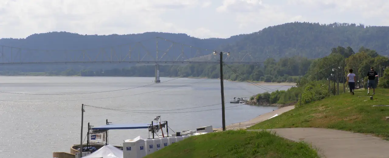 The Ohio River and wooded Kentucky hills seen from the Portsmouth, Ohio levee